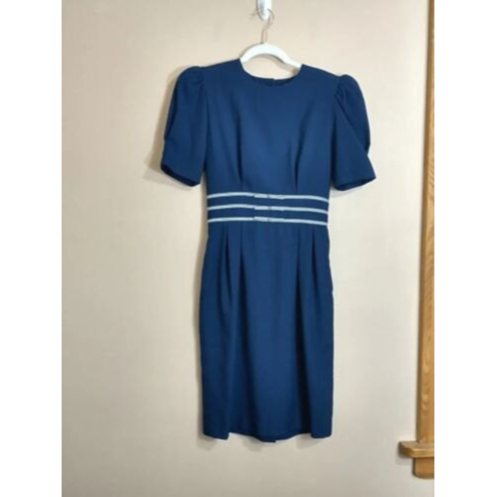 Vintage 80s Halmode Womens Dress Size 4 Blue Nautical Puff Sleeve Coastal Bows
